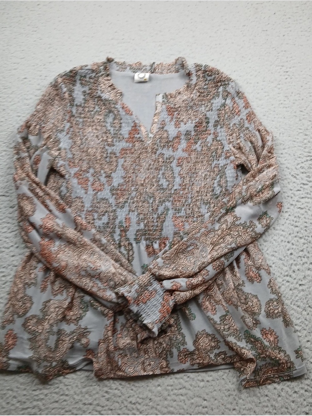 Anthropologie Paisley-Print Smocked Long-Sleeve Top - Light Gray & Rust